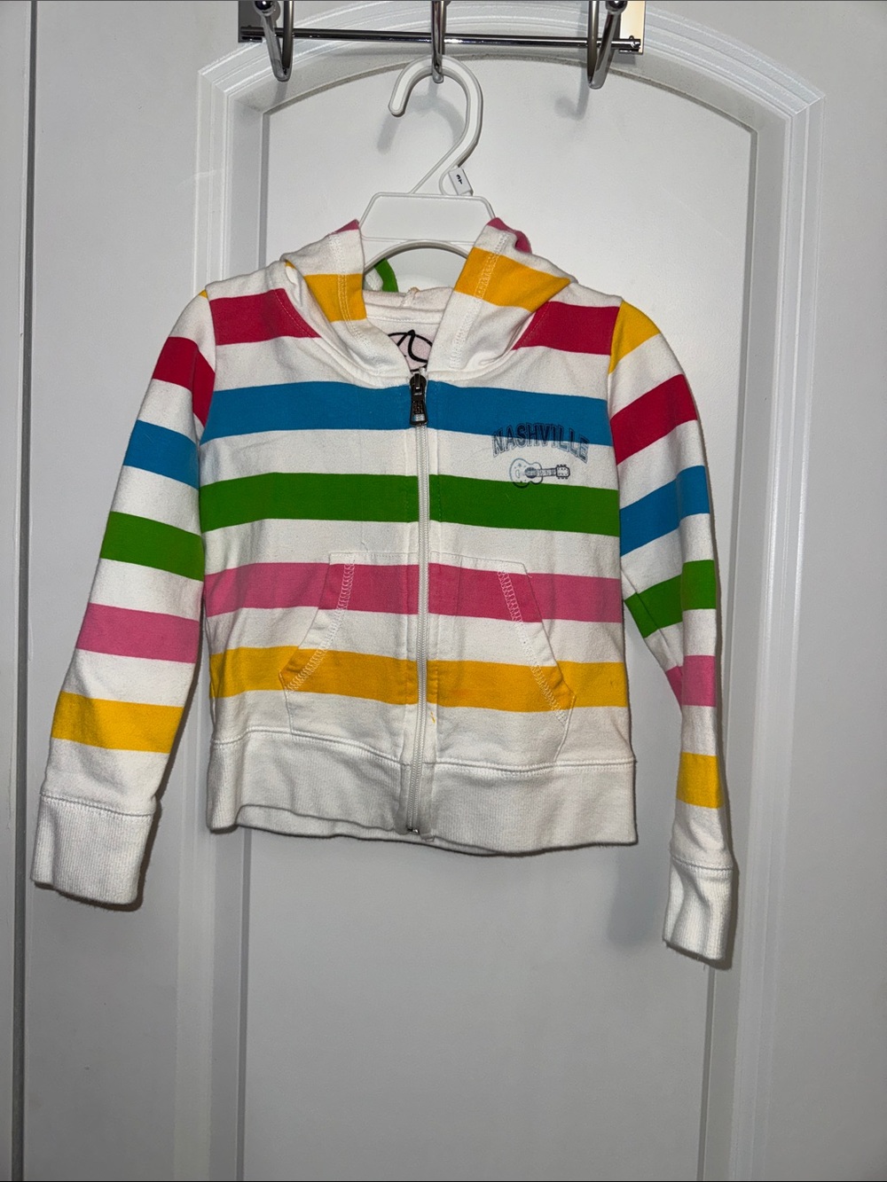 Avalon White Hoodie with Pink, Blue, Green & Yellow Stripes